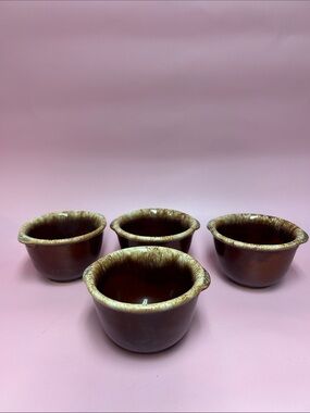 Hull Pottery Brown Drip Oven Proof Custard Cup Ramekin Tab Handles
- Set of 4